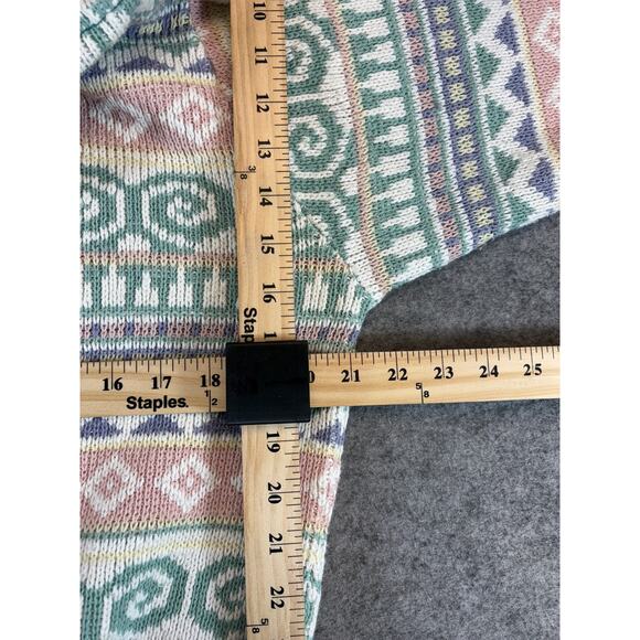 VINTAGE Alfred Dunner Sweater Womens Medium Green Cream Geometric Knit Artsy - Picture 2 of 4